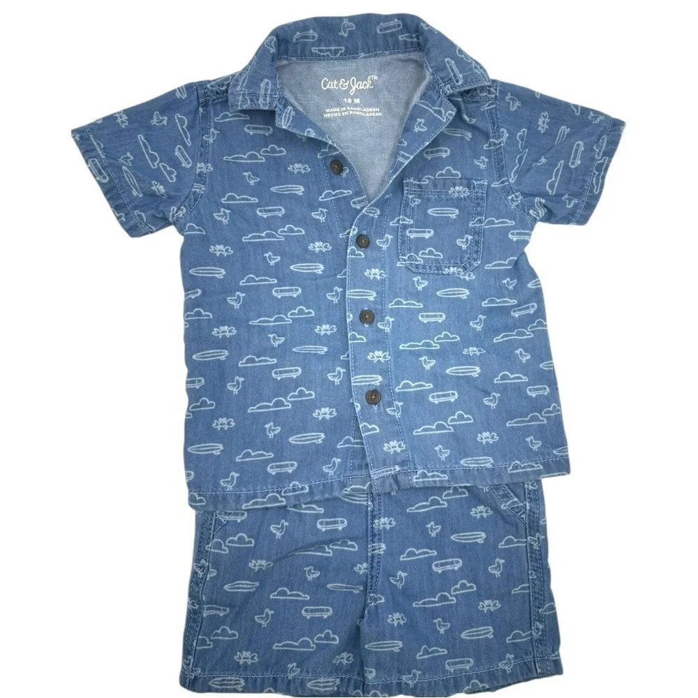 Cat & Jack Short Sleeve Denim Button-Down Shirt Pull On Shorts Set Medium Wash